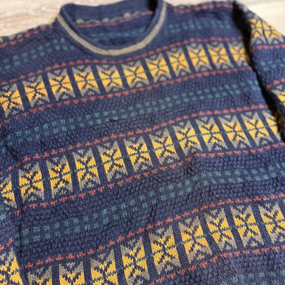 Vintage Fair Isle Navy Blue Geometric Knit Crewneck Sweater Mens Large